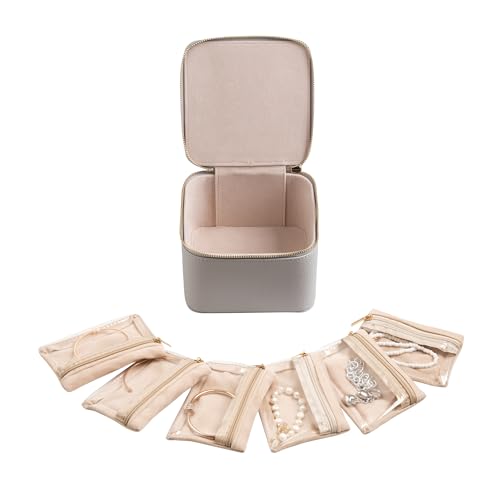 Frebeauty Small Travel Jewelry Box,Travel Jewelry Case with 6 Pouch Bags,Portable Travel Jewelry Organizer,Mini Jewelry Storage,3.35 x 4.9 x 4.8 Inches,Gift Idea for Women Girls (Grey) - color: Grey