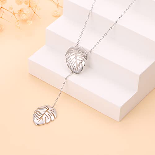 Long Necklace Sterling Silver Larait Bar Y Lariat Long Chain Drop Adjustable Necklace Gift for Her, 30" - style: Long Palm Leaf Necklace