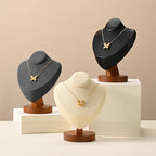 Solid Wood Jewelry Bust Necklace Display Black PU Leather Jewelry Necklace Display Stand for Show Selling - color: Black