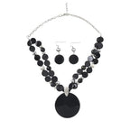 Layered Beads Statement Fashion Necklace Chunky Jewelry Set Big Colorful Glass Stone Circle Shell Pendant Choker Necklace and Earring Set for Women - color: black