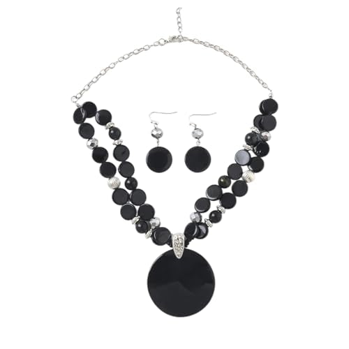 Layered Beads Statement Fashion Necklace Chunky Jewelry Set Big Colorful Glass Stone Circle Shell Pendant Choker Necklace and Earring Set for Women - color: black