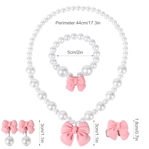 Princess Jewelry for Little Girls, Handmade Bow Pearl Kids Jewelry Set, Stretch Necklace Bracelets Rings and Clip on Earrings, Perfect for Dress Up, Birthday Parties, and Costume Play - color: Pink