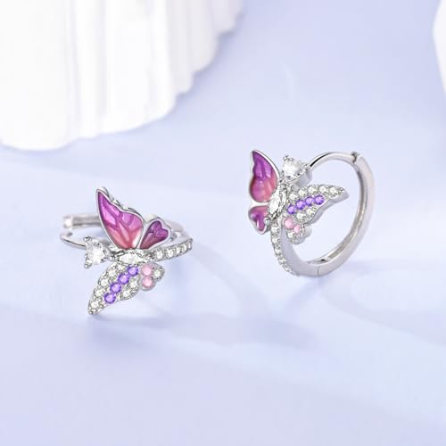 LAZA 925 Sterling Silver Hoop Earrings for Women, Sterling Silver Butterfly Hoops Colorful Flowers Hoop Huggie Earrings Hypoallergenic Jewelry Gifts for Women - color: Butterfly Earring