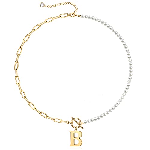 Yoosteel Pearl Initial Necklace for Women, Dainty Pearl Chain Choker Initial Necklaces for Women Toggle Clasp Paperclip Link Chain Necklace Jewelry Gifts - color: Gold, style: B