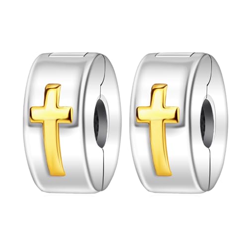 925 Silver Charms Pendants For Pandora Bracelet Golden charms Bead Safety Chain Clip set Heart Flower Animal Beads Family, Mom, Friend, Daughter, Birthday, Jewelry Gift - style: F-Cross Clip*2