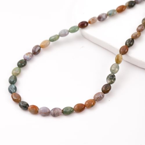6×8mm Natural Indian Agate Gemstone Loose Beads Flat Oval Healing Crystal Loose Stone Beads for Jewelry Necklace Bracelet Earring Craft - color: Indian Agate