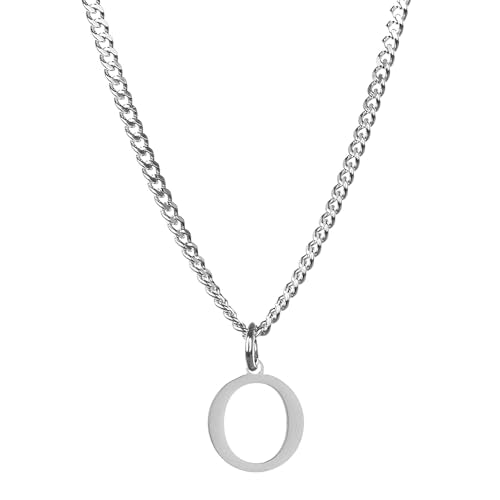 Men’s Minimal Initial Necklace, Stainless Steel Gold Silver Tone 26 Letters Pendant Necklace for Men Women 3.5mm Cuban Chain Waterproof - style: O