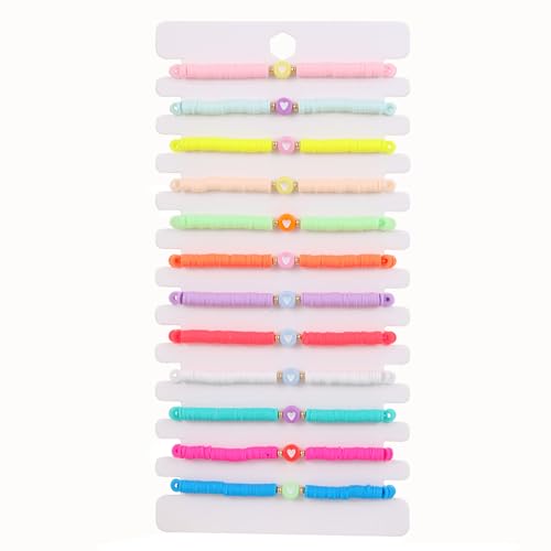 COLORFUL BLING 5-12Pcs Bohemian Love Heart Bead Bracelets for Women Vinyl Disc Heishi Surfer Stackable Stretch Bracelet Summer Beach Boho Jewelry - color: 12pcs round heart