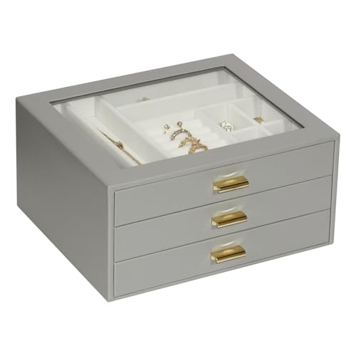 Jewelry Box Organizer with 3 Drawers,Glass Lid Jewelry Boxes for Women,Jewelry Storage for Rings,Necklaces,Earrings,Bracelets,Interesting Gift,Gray - color: Grey, size: 3-Layer
