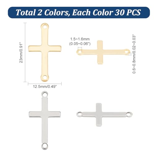 UNICRAFTALE about 60Pcs 2 Colors Stainless Steel Cross Connector Charms Links Easter Theme Crucifix Cross Charms Double Hole Sideways Cross Links Pendants for Bracelet Necklace Jewelry Making 23mm