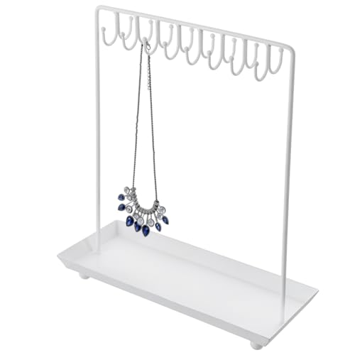 MyGift White Metal Jewelry Organizer Stand for Necklaces with 20 Hooks and Ring Tray - color: White