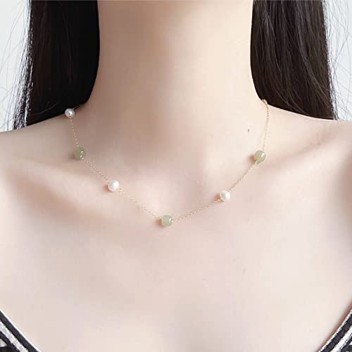 Natural Hetian Jade & Pearls Beaded Necklace Bracelet Jewelry for Women, Lucky Green Jade White Pearl Charm Adjustable Chain Jewelry Gift for Mom Lover her - color: Necklace