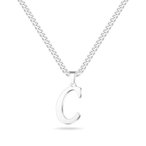 LUXEJEW Initial A-Z Letter Necklace for Men Boys Women, Stainless Steel Cuban Link Chain Letter Pendant Necklaces Capital Monogram Necklace Jewelry Gifts for Men 20+2 Inches - color: Silver, size: Letter C