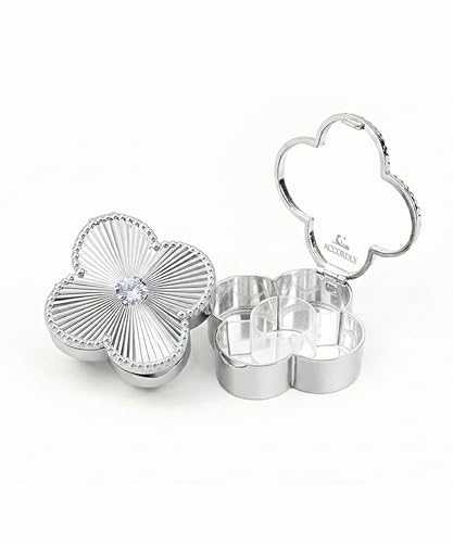 Lucky Charm Luxury Travel Pill Organizer, 5 Compartments, Easy-Open Lock, Mirror, Cute Compact Pill Box for Purse, BPA-Free, Gold, Stylish Vitamin Case & Small Jewelry Storage (Silver) - color: Silver