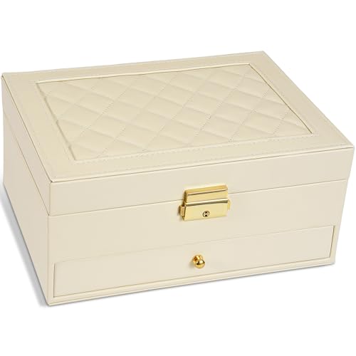 GUOER Jewelry Box for Women Girl Wife - Large PU Leather Jewelry Organizer Storage Case with Two Layers Display for Earrings Bracelets Rings Watches (Apricot) - color: Apricot