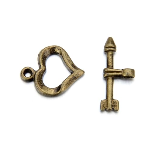Adabele 20 Sets Heart Shape Toggle Clasp 13mm (0.5 Inch) T-Bar Closure Tarnish Resistant Antique Bronze for Necklace Bracelet Craft Jewelry Making MC-AF63 - size: 13mm Heart Shape Toggle