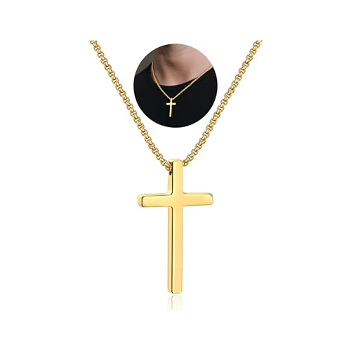 IEFSHINY Gifts for Men Boys - Stainless Steel Cross Pendant Chain Necklaces for Men, Mens 16-30 Inches Chain Gold Silver Black Cross Necklace Boys Jewelry Gifts - size: 22, style: Gold-cross pedant 0.7"*1.18"