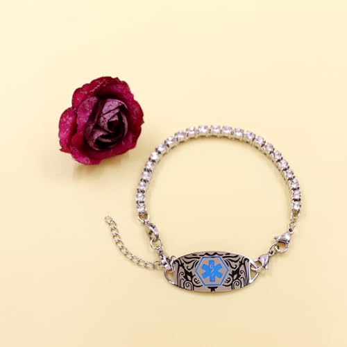 Women's Medical ID Bracelet with White Zircon Tennis Chain, Interchangeable Engraved Plate, Adjustable Lobster Clasp, Lightweight, Hypoallergenic, for Running, Outdoor, Daily Wear - color: Blue-PENICILLIN ALLERGY