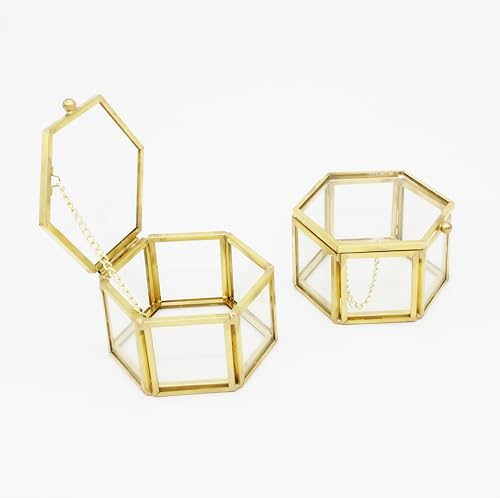 JIARI Glass Jewelry Box Small Gold Hexagonal Decorative Box Ring Earring Display Keepsake Box Case Box for Storage (Small 2 Pack)
