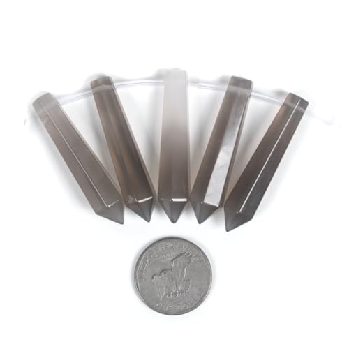 50mm Natural Grey Agate Hexagonal Wand Jewelry Making Crystal Pointed Chakra Reiki Healing Beads 2mm Hole Drilled(Pack of 5) - color: Grey Agate