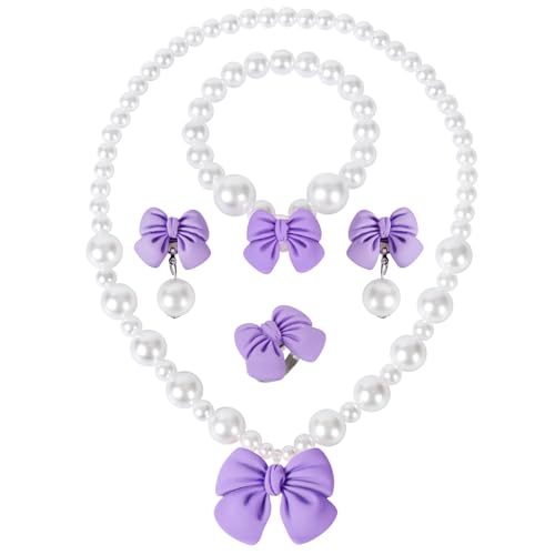 Princess Jewelry for Little Girls, Handmade Bow Pearl Kids Jewelry Set, Stretch Necklace Bracelets Rings and Clip on Earrings, Perfect for Dress Up, Birthday Parties, and Costume Play - color: Purple