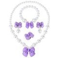 Princess Jewelry for Little Girls, Handmade Bow Pearl Kids Jewelry Set, Stretch Necklace Bracelets Rings and Clip on Earrings, Perfect for Dress Up, Birthday Parties, and Costume Play - color: Purple