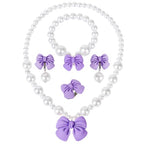 Princess Jewelry for Little Girls, Handmade Bow Pearl Kids Jewelry Set, Stretch Necklace Bracelets Rings and Clip on Earrings, Perfect for Dress Up, Birthday Parties, and Costume Play - color: Purple