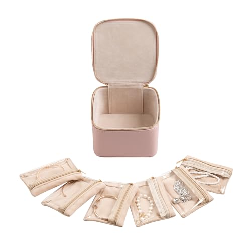 Frebeauty Small Travel Jewelry Box,Travel Jewelry Case with 6 Pouch Bags,Portable Travel Jewelry Organizer,Mini Jewelry Storage,3.35 x 4.9 x 4.8 Inches,Gift Idea for Women Girls(Pink) - color: Pink