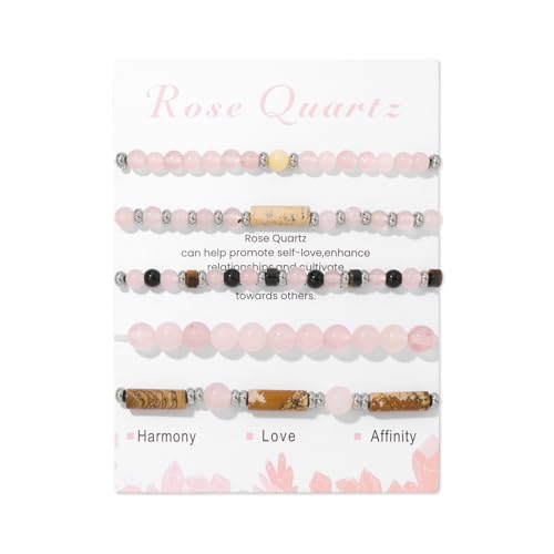 5Pcs Crystal Bracelet for Women Spiritual Natural Stone Bracelet Set Stackable Beaded Bracelets Healing Crystal Bracelet Gemstone Bead Bracelet Beaded Stretch Bracelets for Women - style: Rose Quartz