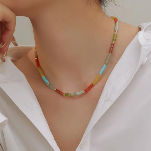 Handmade Natural Gemstone Beaded Necklace for Women, Cultured Freshwater Pearl Choker with Adjustable Extension Chain, Boho Healing Crystal Jewelry Collection - color: e Colorful