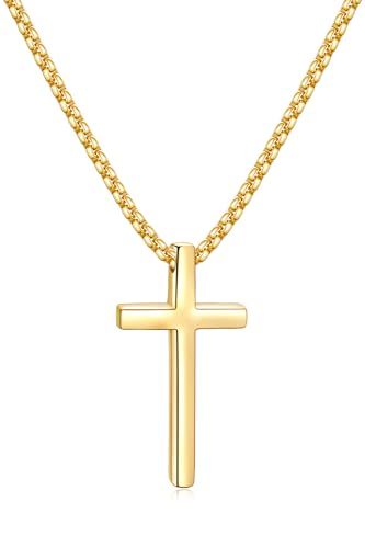 Fiusem Cross Necklace for Men, Silver/Gold/Black Mens Cross Necklaces with 2.5mm Cross Chain and Stainless Steel Cross Pendant, Box Chain 16-24 Inch, Jewelry Gift - size: 22.0 Inches, style: Small Golden cross: 1.2" * 0.7"