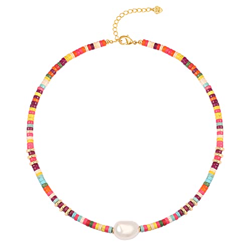 CANEVINKA Bohemian Beaded Choker Necklace 18K Gold Plated Bead Pendant Necklace Vintage Handmade Jewelry for Women - style: colorful