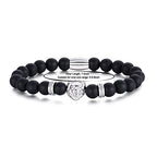 Ourania Onyx Lion Stone Bracelet Men - Black Onyx Beaded Stainless Steel Leo Head Bracelet Women 8mm - color: Silver