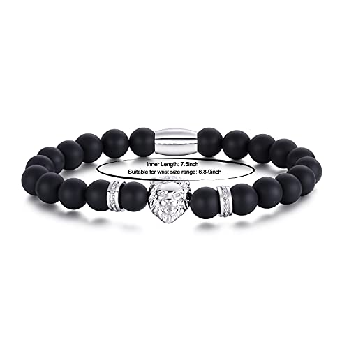 Ourania Onyx Lion Stone Bracelet Men - Black Onyx Beaded Stainless Steel Leo Head Bracelet Women 8mm - color: Silver