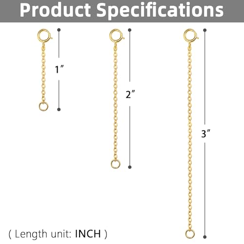 Gold Necklace Extenders 14k Extender Chain 925 Sterling Silver Extension Bracelet Chain Extenders for Necklaces 3 Pcs (1 2 3 Inch)(Gold) - color: Gold, size: 1 2 3 Inch