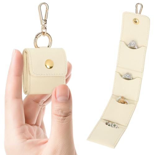KUKUVR Mini Jewelry Holder Pouch with Keychain, Portable Travel Jewelry Organizer Box for Rings Earrings Necklace Stud, Small Velvet Jewelry Storage Bag for Gym Women (White) - color: Beige