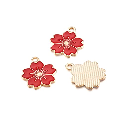 Beadthoven 100pcs Enamel Charms Cherry Blossom Daisy Flower Pendants Gold Plated Small Cute Bulk for Jewelry Making Bracelet Necklace Earrings Keychain DIY Accessories - color: Sakura Flower-Red
