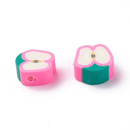 50PCS Handmade Polymer Clay Beads Pink Apple Slice Shape Loose Beads Fruit Theme Spacer Beads for DIY Bracelet Necklace Earring Charm Jewelry Making Hole 1.6mm - color: Pink Apple