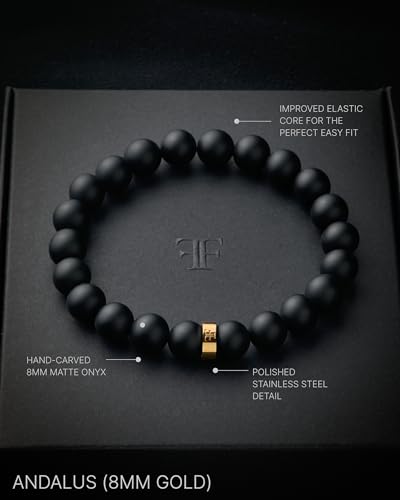 Forge & Foundry Men’s Matte Black Solid Onyx Beaded Bracelet | 10mm, 8mm, 6mm Bead Size Options | Signature Stainless Steel Engraved Bead | Andalus - color: 8mm Gold, size: Medium