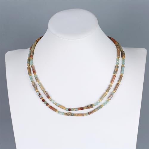 Elisheva Natural Stone Choker Necklace for Women, Boho Natural Emperor Jasper Stone Lace Agate Beaded Crystal Necklace, Gemstone Jewelry Gift for Her - style: 2 layered Shoushan stone
