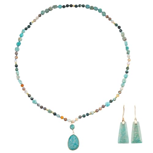 2 Pcs Boho Lapis Lazuli Jewelry Set for Women - Handmade Natural Stone Beaded Long Necklace with Oval Lapis Lazuli Pendant & Trapezoid Lapis Lazuli Earrings | Vintage Elegance | Ideal Gift for Her - style: Amazonite Pendant