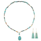 2 Pcs Boho Lapis Lazuli Jewelry Set for Women - Handmade Natural Stone Beaded Long Necklace with Oval Lapis Lazuli Pendant & Trapezoid Lapis Lazuli Earrings | Vintage Elegance | Ideal Gift for Her - style: Amazonite Pendant