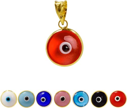 MIZZE Made for Luck Gold Plated 925 Sterling Silver 10 MM Round Glass Evil Eye Charm Pendant - 7 Colors to Choose from - color: Transparent Red