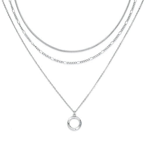 LANE WOODS Gold Plated Necklaces for Women - Multilayer Coin Medallion Pendant Necklace Adjustable Layering Choker Necklaces Chain Set Jewelry - style: Circle-Silver