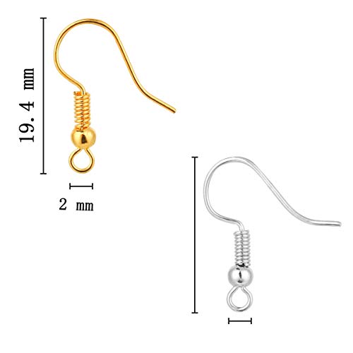 Bylion 400 Pieces Stainless Steel Earring Hooks, Fish Hooks Ear Wires French Wire Hooks, Coil and Ball Style Nickel-Free Ear Wires for Jewelry Making, Colors with Silver and Gold - color: Gold,Silver