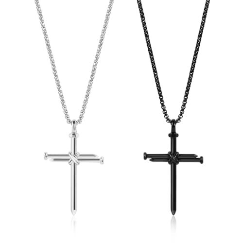 2 Pcs Vintage 3 Nail Cross Necklace for Men,24 Inch Stainless Steel Strength Bible Verse Pendant,Black Silver Gifts for Men