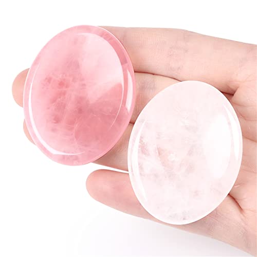 Thumb Worry Stone for Anxiety Healing Crystals Sets 2PCS Rose Quartz Clear Quartz Hand Carved Stones Gemstone Pocket Natural Stone Meditation Reiki Oval Shaped Palm Stone Therapy - color: 1-rose Quartz+clear Quartz, size: Oval