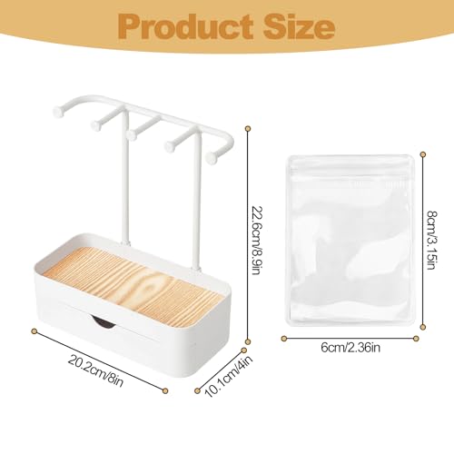 WCHOSOZH Jewelry Organizer Stand, 2-Tier Necklaces Holder with Wooden Tray and 5 Storage Hooks, Earring Holder with 5 Pcs Jewelry Bags for Bracelet,Chains,Rings,Earrings,Keys Watches (White) - color: Upgraded White