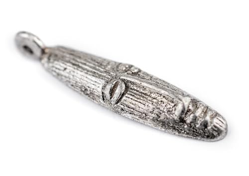 TheBeadChest Elongated Silver Mask Pendant from Africa (9x40mm): Genuine West African Mask Design for DIY Jewelry & Necklaces - color: Silver, size: Elonaged Charm (45x10mm)