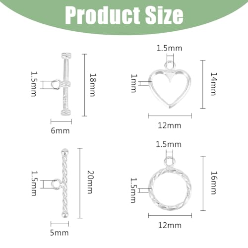 DICOSMETIC 2 Styles Sterling Silver Toggle Clasps Round and Heart Toggle Rings with 925 Stamped T-Ba Closure Connector Bracelet Clasp for Jewelry Making, 2 Sets